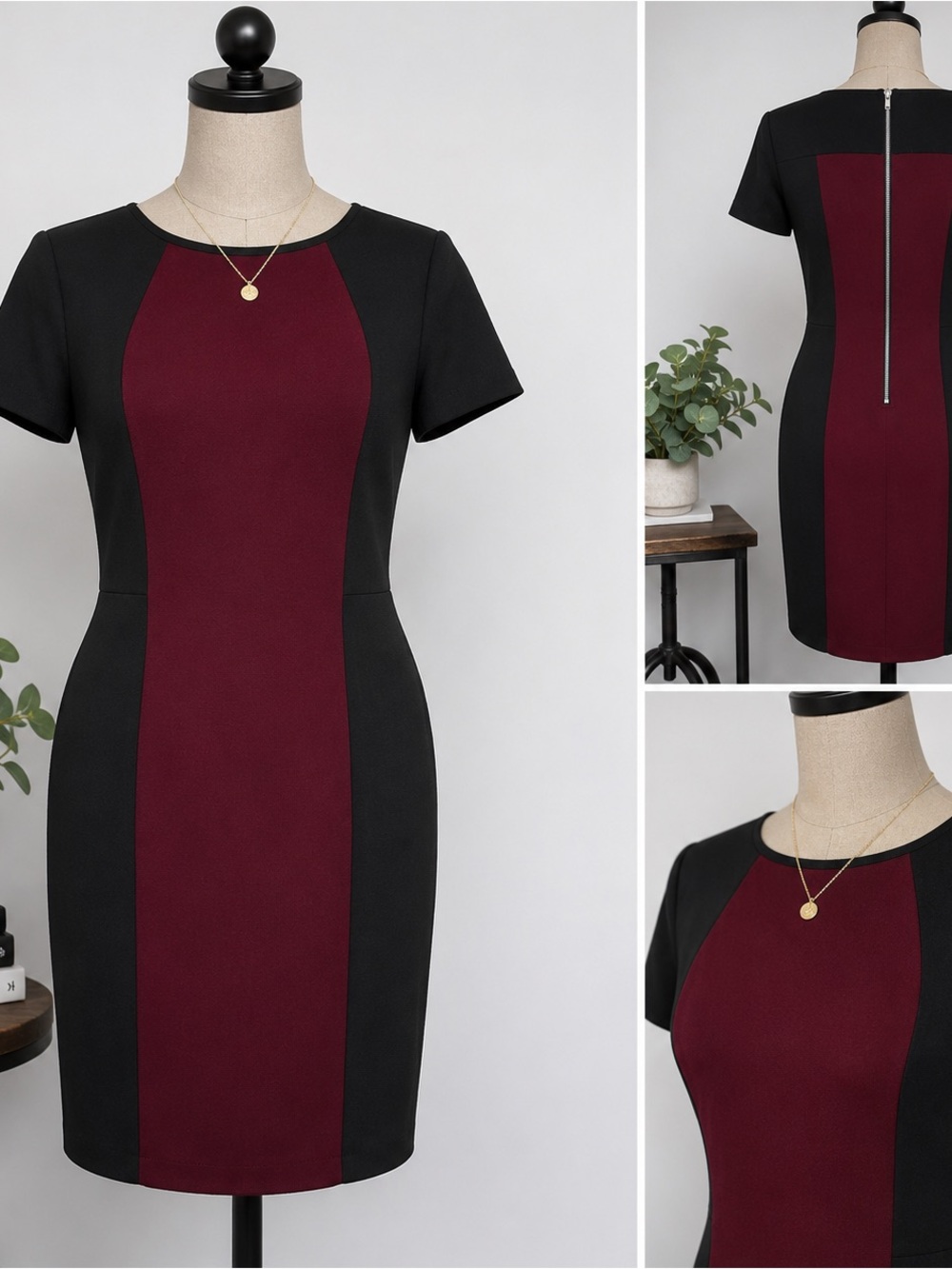 Hawthorn Women’s Medium Black Burgundy Colorblock Sheath Dress Exposed Zipper